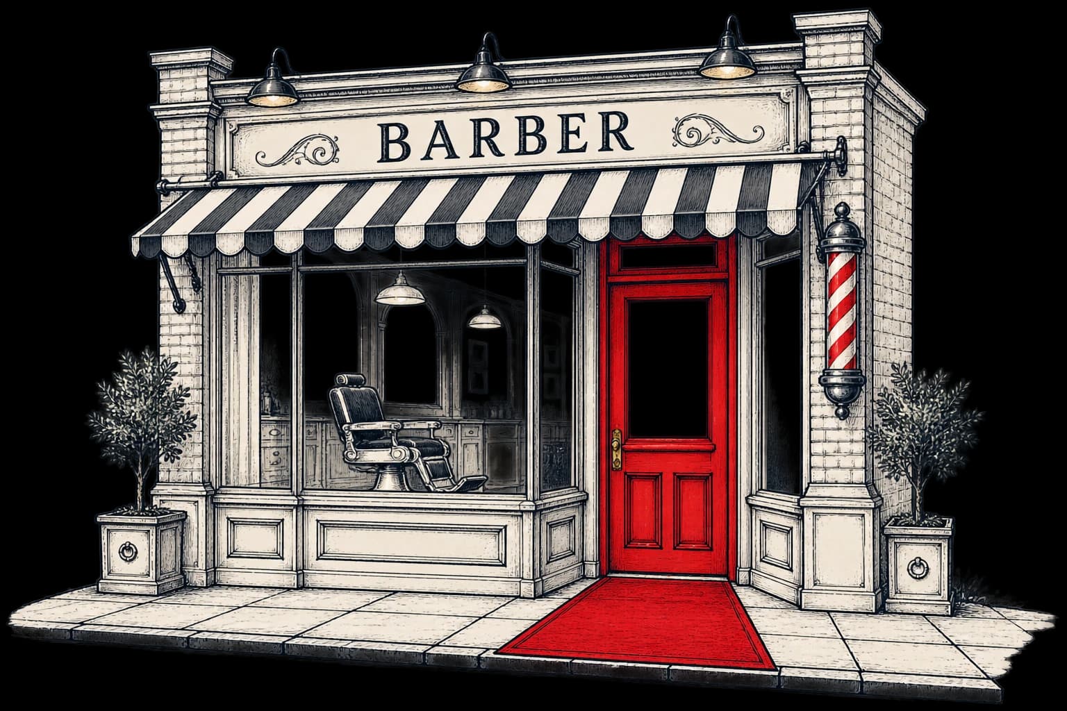 A hand-drawn neighbourhood barber shop with an inviting red door and a red carpet welcome.