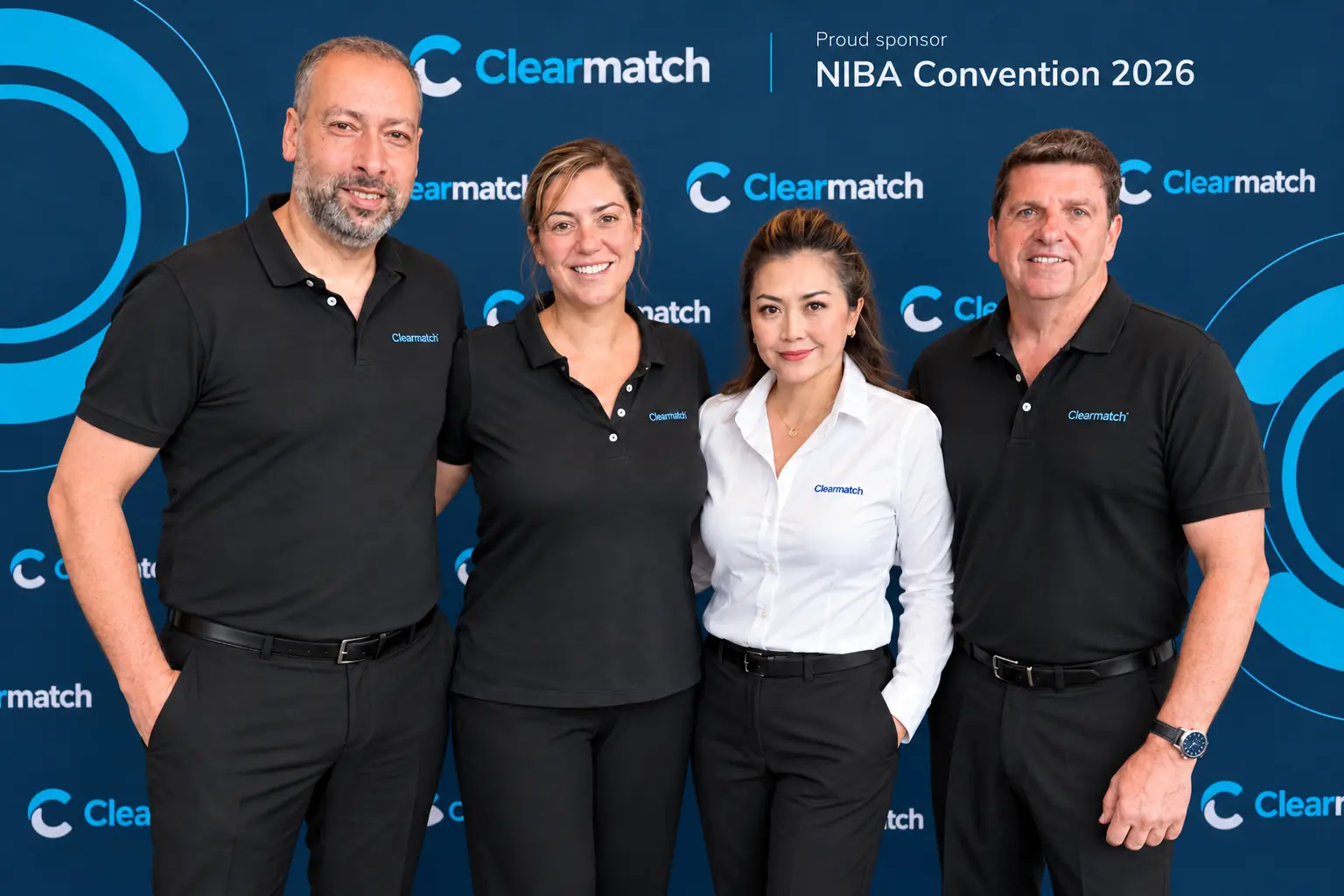 Clearmatch deal team executives Mark Beshay, Alexandra Slaney, Dian Nguyen and Tony Pasquale together in front of a Clearmatch sponsor backdrop.